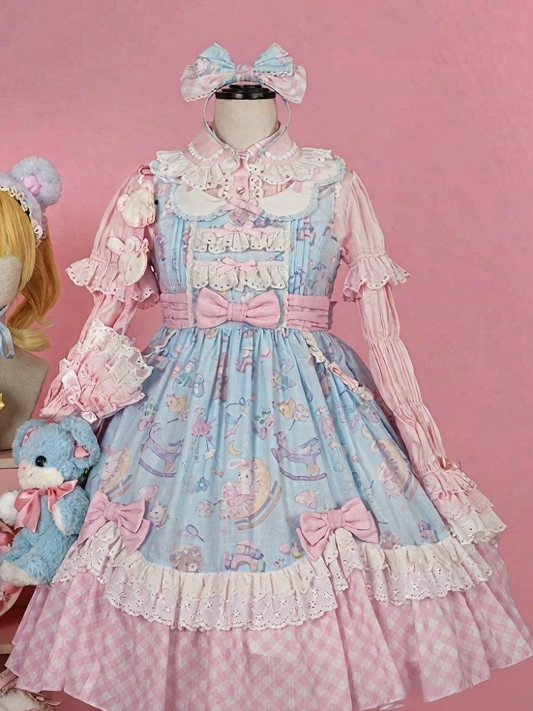 Adorable Lolita JSK Gown in Blue and Pink with Bow and Pocket Accents - Vcastle