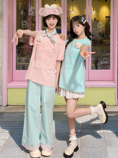 Blue Pink/Mint Plushie T-shirt with Round Neck Kitty Print Loose Kitty