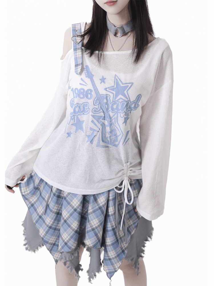 Blau/Schwarz Free mit Choker-Gitarrendruck, asymmetrischer Ausschnitt, Überwurf