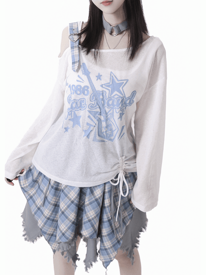 Blau/Schwarz Free mit Choker-Gitarrendruck, asymmetrischer Ausschnitt, Überwurf