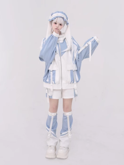 Colorblock Hellweiße, von Tenshi Kaiwai inspirierte Techwear-Jacke: Blau