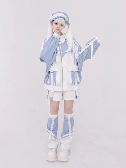 Colorblock Hellweiße, von Tenshi Kaiwai inspirierte Techwear-Jacke: Blau