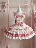 Pink Layered Sweet Lolita JSK Gown Featuring Oversized Bow & Heart Motifs - Sweet Crystal