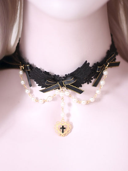 Black Gothic Charm Red Choker With Bead And Chain Lace Lolita Heart - Bowknot Shaped Wing /