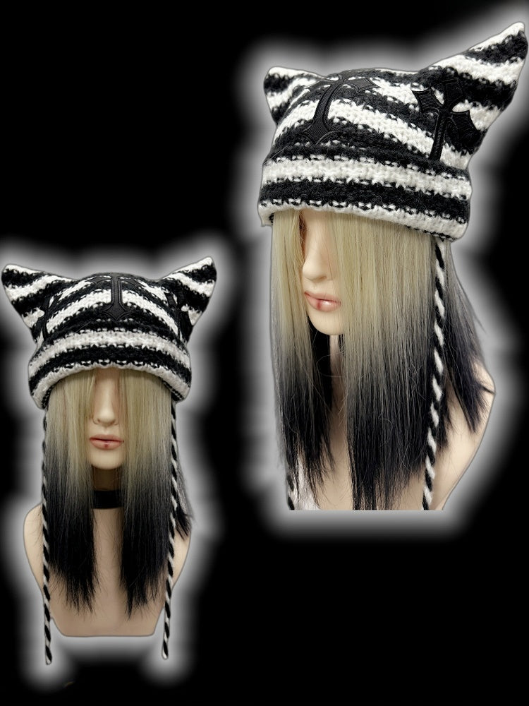 Black and White Cross Appliques Cat Ears Striped Beanie