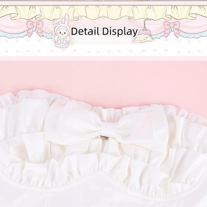 Elegant White Ruffle Trim Satin Strapless Dress + Bow Tie + Clear Shoulder Strap Set - serendipity