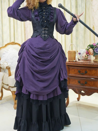 Purple Shirt Black Boned Waistcoat Skirt Set