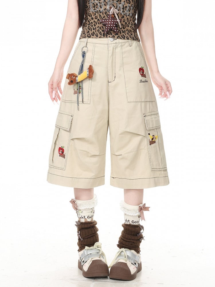 Khaki Cropped Cargo Shorts with Puppy Embroidery - Languid Park