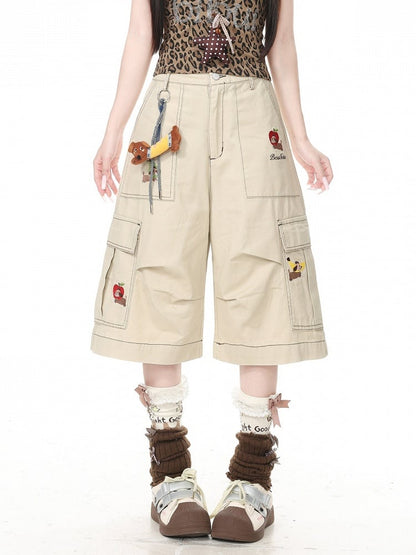 Khaki Cropped Cargo Shorts with Puppy Embroidery - Languid Park