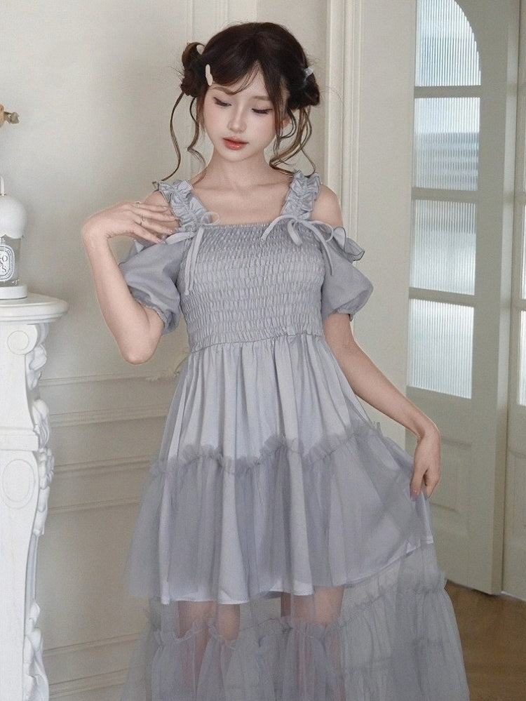 Dusty Blue Puff-Sleeve Dress with Tiered Tulle Hem - Smyster