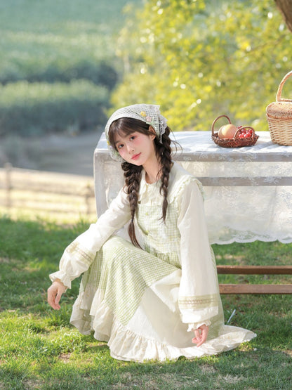 Light Sleeves	Tiered Mori Kei Green Plaid Flutter Skirt Sleeveless Dress