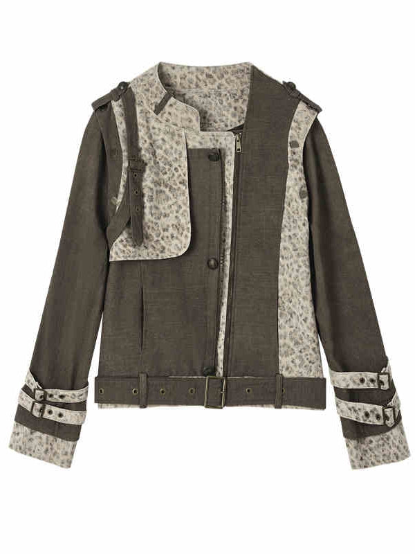 Braune und graue Punk-Streetwear-Leopardenjacke