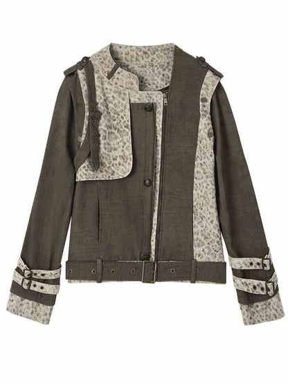 Braune und graue Punk-Streetwear-Leopardenjacke