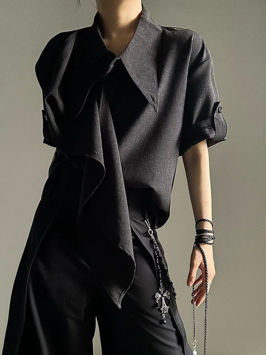 Cascading Shirt Prince Buttoned Black Placket Ribbon Short Embellishments Sleeves