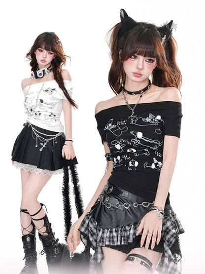 Schwarz/weißes, schulterfreies Top mit Welpen-Print