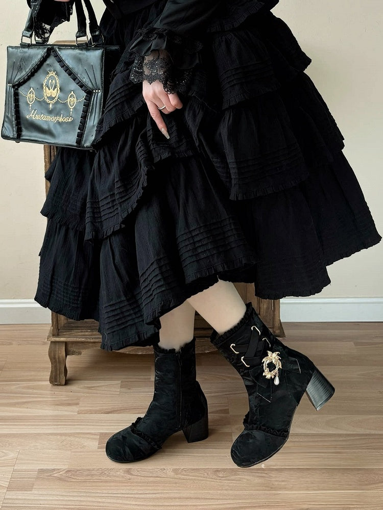 Black Lace-Up Elegant Round Toe Ankle Boots with Removable Bow Accents - Magic Peach