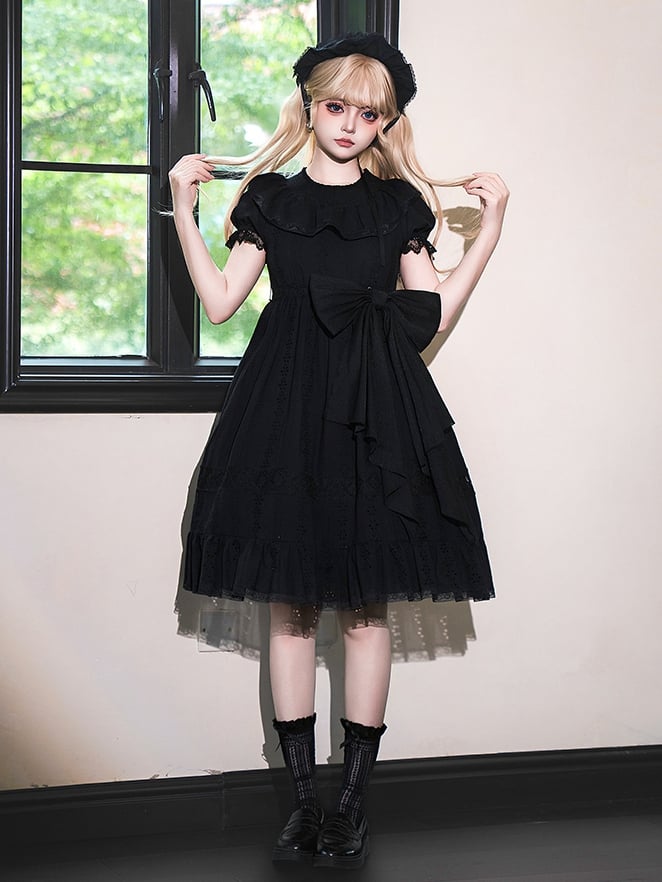 Süßes Lolita-Kleid Kuro Puff High Black Cotton Ärmel Taille