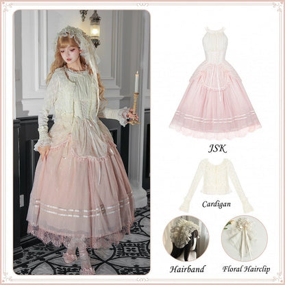 Pink Classic Gradient Lolita JSK Set with Cardigan and Hair Accessories - With PUJI