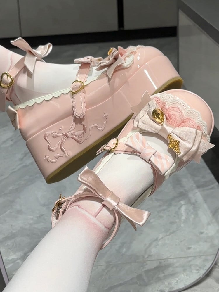 Bowknot Details Platforms Lolita Sweet Spoon Decorated Pink