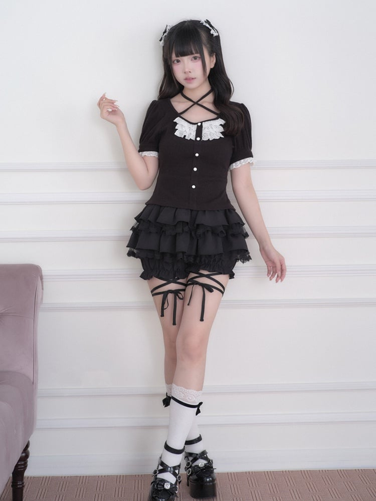 Black Jirai Kei Halter Neck Lace Knit Top - No Genki