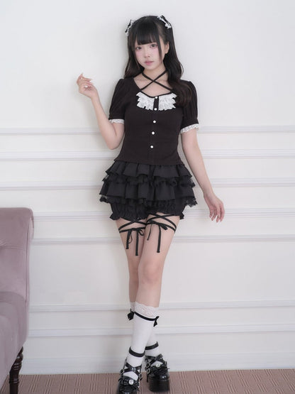 Black Jirai Kei Halter Neck Lace Knit Top - No Genki