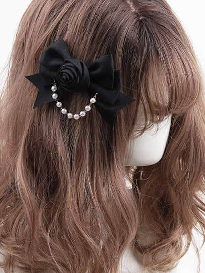 Lolita Pearl Rose Bowknot Black Hairclip