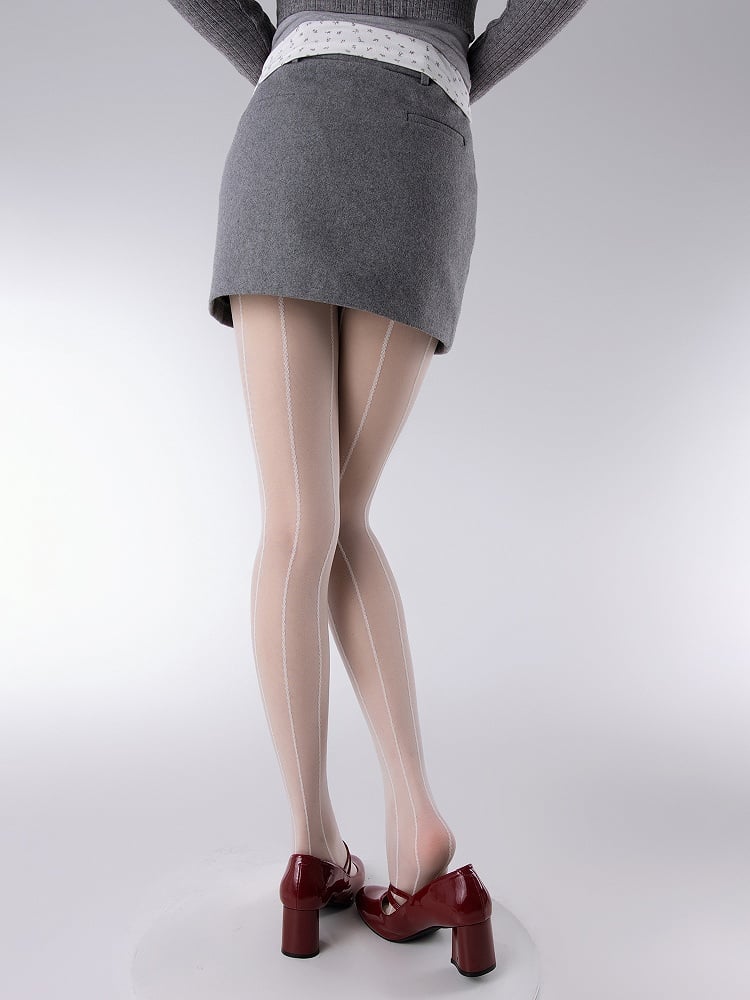 White/Black Pattern Tights Floral Creamy Vertical Striped