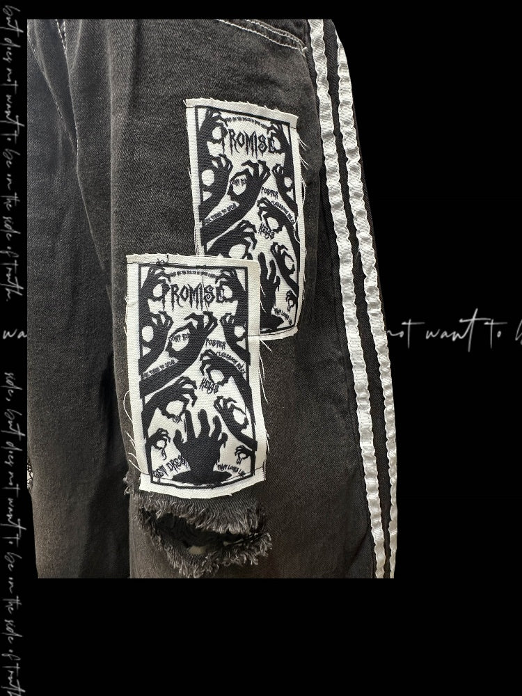 Embellished Distressed Holes Stripes Raw Hem Appliques Black  White Denim Shorts