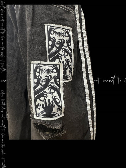 Embellished Distressed Holes Stripes Raw Hem Appliques Black  White Denim Shorts