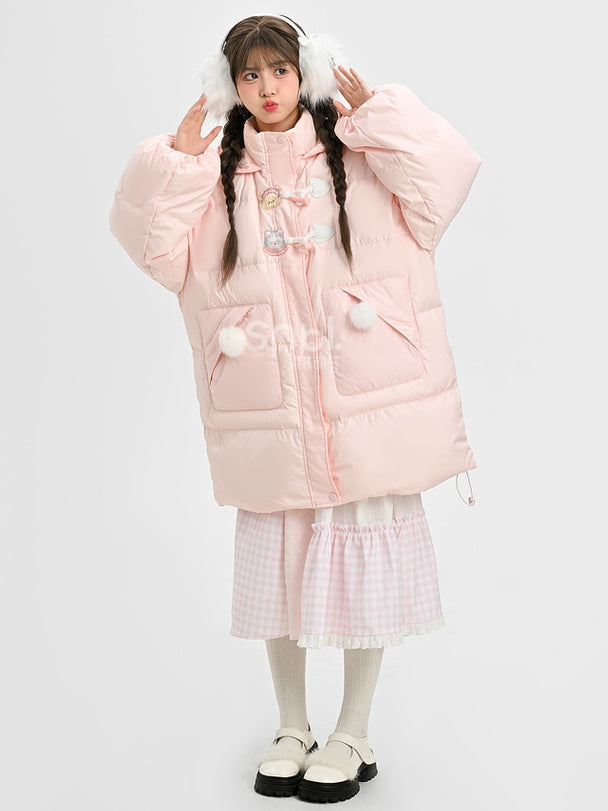 Rosa Daunenmantel mit Kapuze und Plüschbesatz mit süßem Bären und Kätzchen
