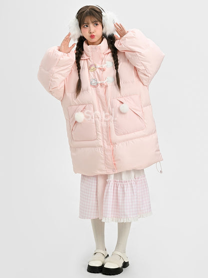 Rosa Daunenmantel mit Kapuze und Plüschbesatz mit süßem Bären und Kätzchen