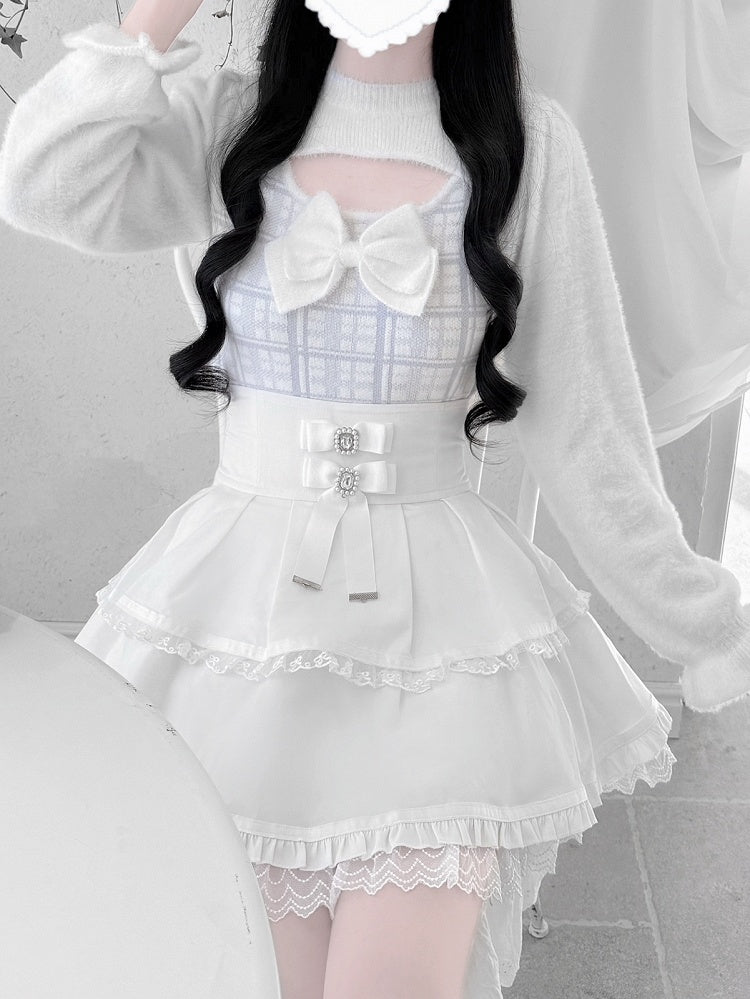 Landmine with Light Sweater Blue Mink Plaid Open-Front Accent Plush Bow Style