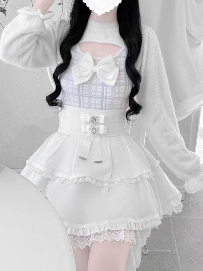 Landmine with Light Sweater Blue Mink Plaid Open-Front Accent Plush Bow Style