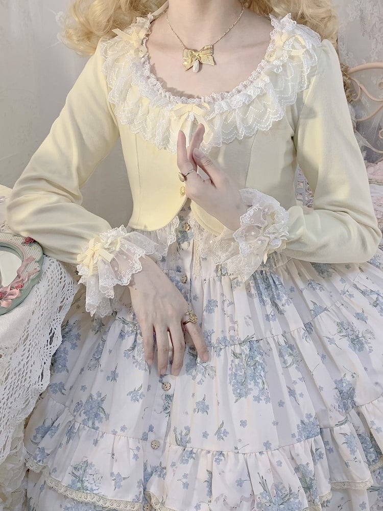 Light with Lace Edging Yellow Cropped Cardigan Triple Bow-Detailed Design