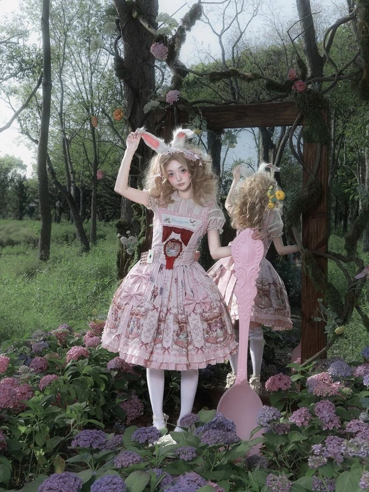 Alice in Wonderland Style Rose Sweet Skirt with Detachable Bow Ribbons - Forest Fairy Tales