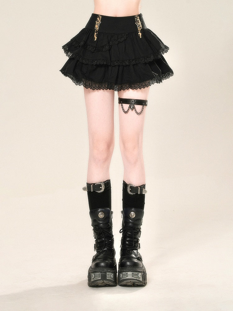 Buckle Glamorous Black Lace Straps Trim Tiered Skirt Leopard