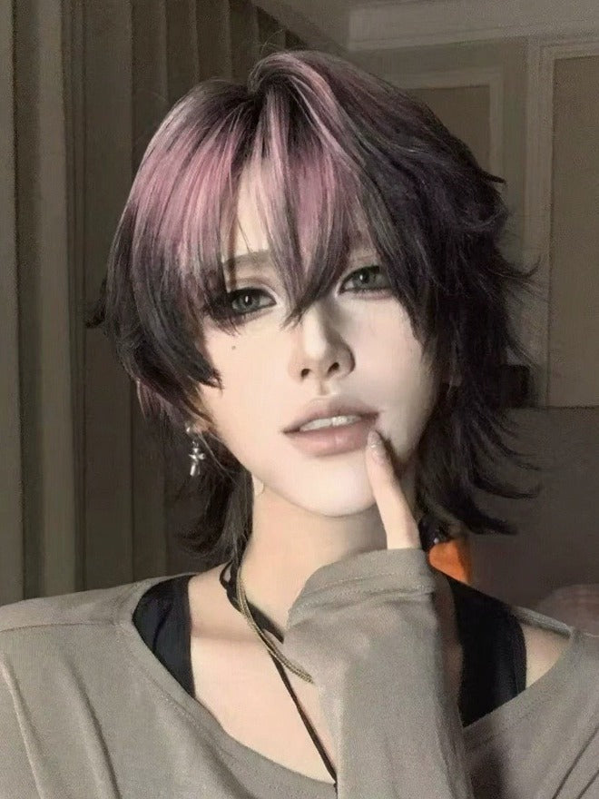 Black & Pink Ombre 35cm Short Wig with Air Bangs - YSHXS