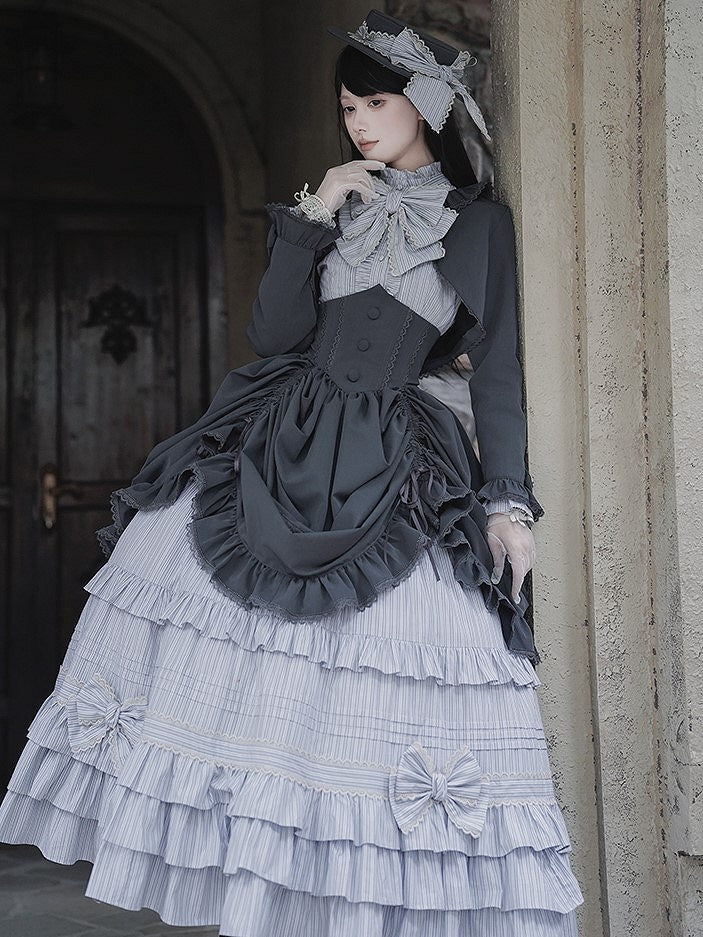 Gray Layered with Ruffle Skirt Classic Blue Lolita Elegant Striped Embellishments Bow