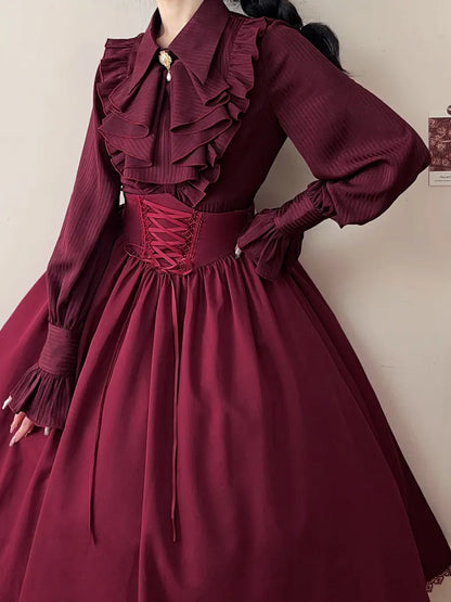 Striped Jabot Flat Fabric Sleeves Collar Red Pointed Shirt Long