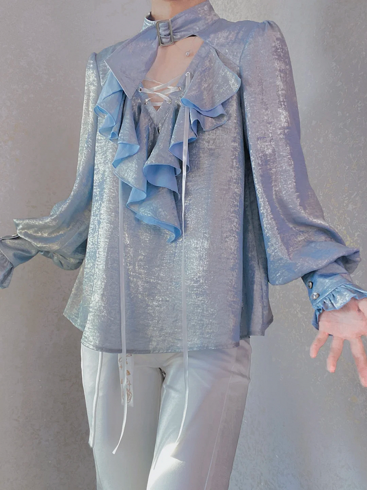 Pirate Light Blue Vibes Lolita with Collar Shirt Sleeves Lace-Up Long and Ouji Buckled