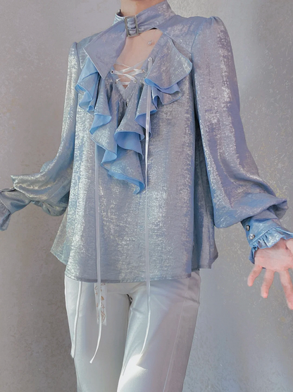 Pirate Light Blue Vibes Lolita with Collar Shirt Sleeves Lace-Up Long and Ouji Buckled