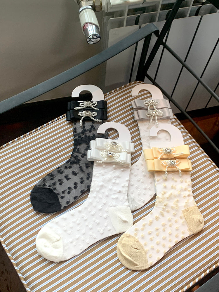 Socks Beaded Bowknots White/Apricot/Black/Grey