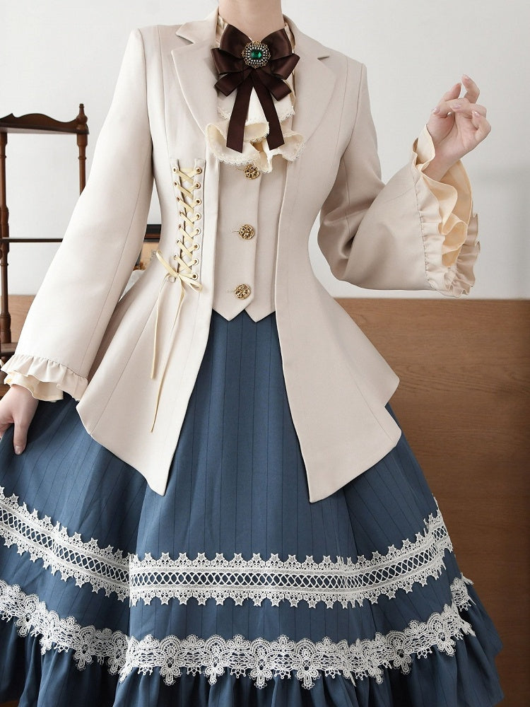 Beige Classic Blazer with Gold Buttons and Lacing
