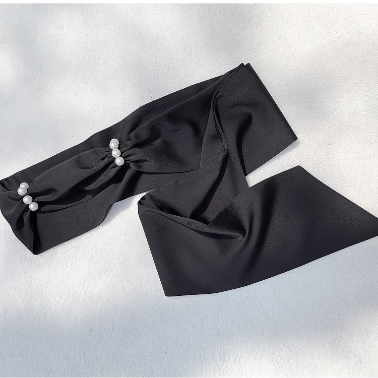 / Black Satin Waist Belt with Bead Details White