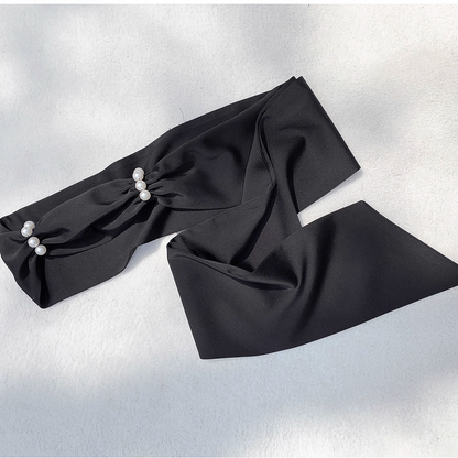 / Black Satin Waist Belt with Bead Details White