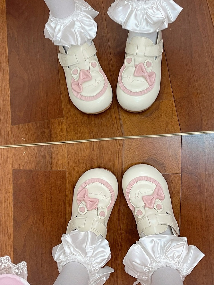 Accnet Sweet Ear Velcro Heart Ruffled Bow Strap Shoes Closures Bunny with Low-heel Beige Pink