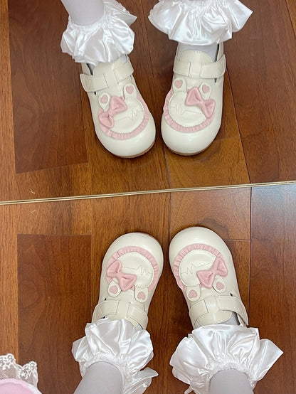 Accnet Sweet Ear Velcro Heart Ruffled Bow Strap Shoes Closures Bunny with Low-heel Beige Pink