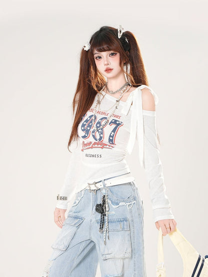 アシンメトリーネックライントップス ヴィンテージナンバープリント ブルー/ホワイト/ブラック