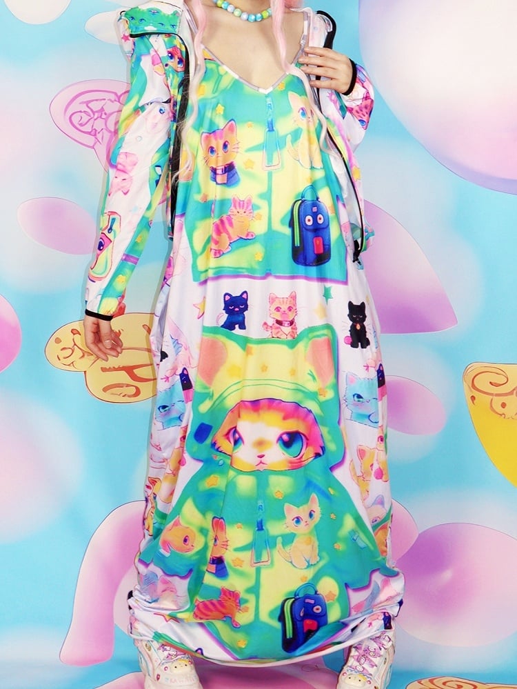 Y2K Print Cat Cami Colorful Dress
