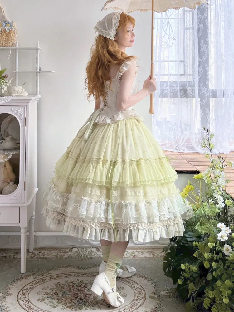 Klassischer zarter Rock mit mehrlagiger Schleife und Rüschen, grün, Lolita-Stickerei, klein